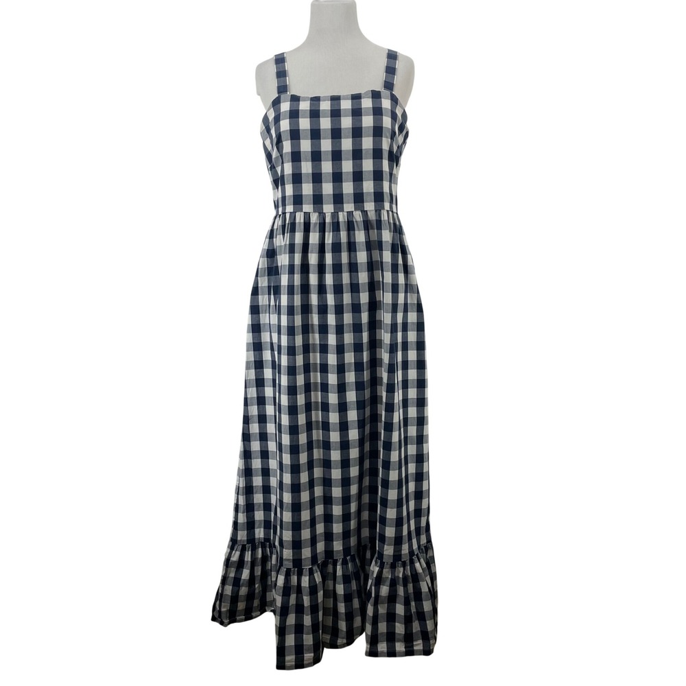 J.Crew‎ Cottagecore Size Medium Maxi Dress Navy Gingham Ruffle Hem Smocked Back